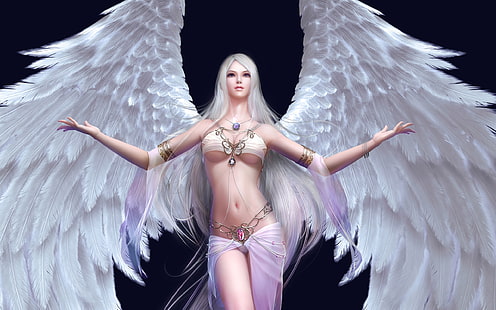 فتاة بيضاء أجنحة الملاك ، امرأة بيضاء الشعر مع أجنحة شخصية أنيمي ، فتاة ، بيضاء ، ملاك ، أجنحة، خلفية HD HD wallpaper