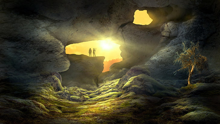 gua, matahari terbit, dunia fantasi, seni fantasi, manusia, tanah fantasi, lanskap fantasi, batu, gua, kegelapan, pemandangan, Wallpaper HD