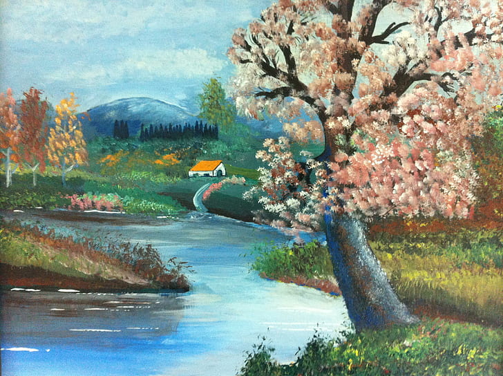 paesaggio dipinto da saad chilo, fiume e pittura su albero e casa, alberi, paesaggio, primavera, lago, pittura a olio, cottage, natura, fiume, Sfondo HD
