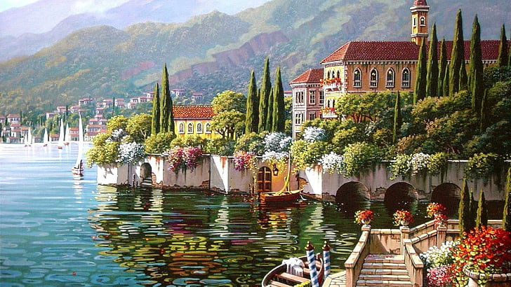 езеро Комо, цвете, живопис, Италия, вода, дърво, Европа, пейзаж, езеро, отдих, природа, варена, романтичен, произведения на изкуството, живопис, изкуство, HD тапет