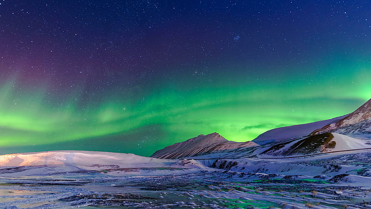 природа, северно сияние, атмосфера, небе, арктика, феномен, полярни светлини, пейзаж, северно сияние, замръзване, longyearbyen, Шпицберген, звездно небе, Норвегия, нощно небе, HD тапет