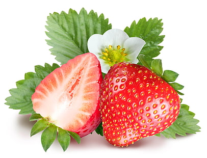 fresa roja, fresa, flor, corte, hojas, fondo blanco, Fondo de pantalla HD HD wallpaper