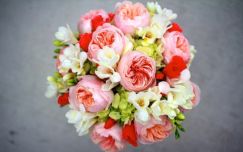 Piwonia, frezja, hortensja, bukiet kwiatów, różowy biało-zielony bukiet kwiatowy, piwonia, sia, hortensja, kwiaty, butik, Tapety HD HD wallpaper