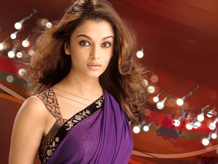 Aishwarya Rai Sari, damska fioletowo-brązowa bluzka, celebrytki, Aishwarya Rai, sari, piękna, fioletowa, Tapety HD