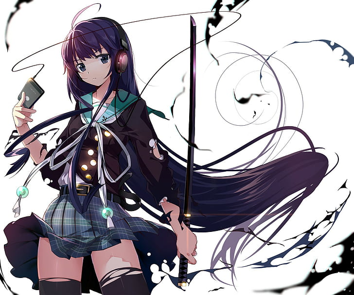 gadis anime, karakter asli, seragam sekolah, katana, headphone, Wallpaper HD