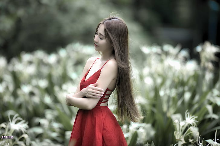 selective photography of brown haired woman wearing red spaghetti strap dress, women, beautiful, nature, outdoors, fashion, summer, people, HD wallpaper
