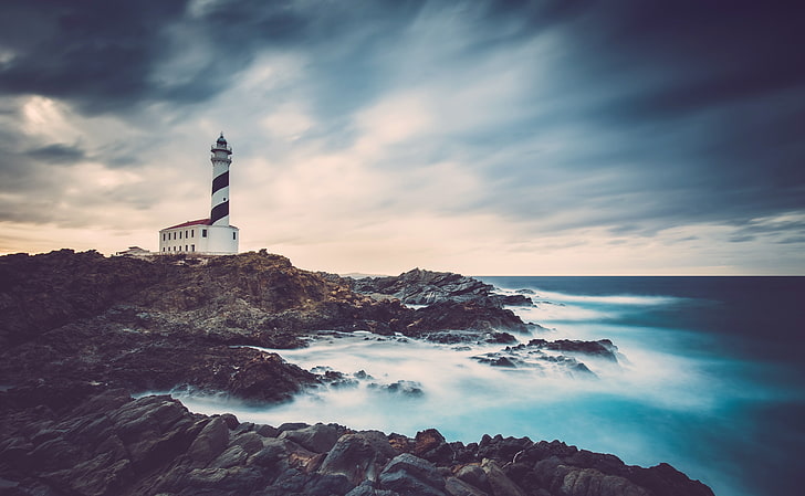 white and black lighthouse, sky, lighthouse, sea, coast, HD wallpaper