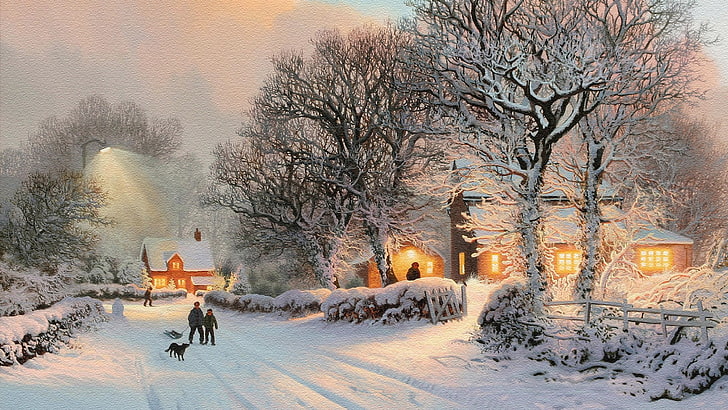 ilustrasi rumah dan pohon, pemandangan, musim dingin, salju, karya seni, perkotaan, Wallpaper HD