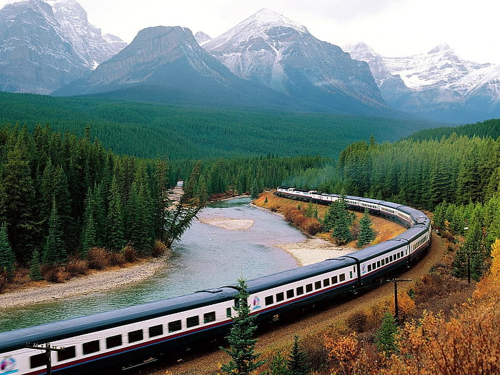 пейзаж, железная дорога, горы, природа, снег, лес, поезд, канада, деревья, река, HD обои