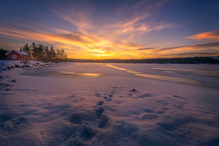winter, snow, sunset, traces, lake, ice, Norway, house, RINGERIKE, HD wallpaper