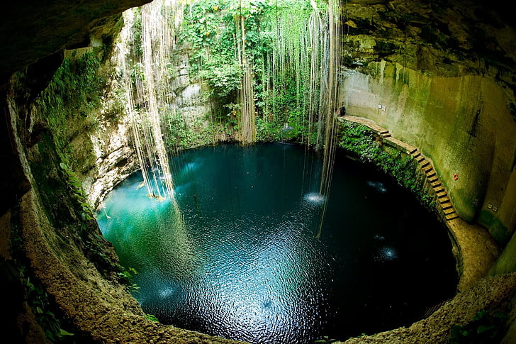 badan air, cenote, lubang, lubang pembuangan, Meksiko, air, lingkaran, alam, gua, selam scuba, pemandangan, liana, Wallpaper HD