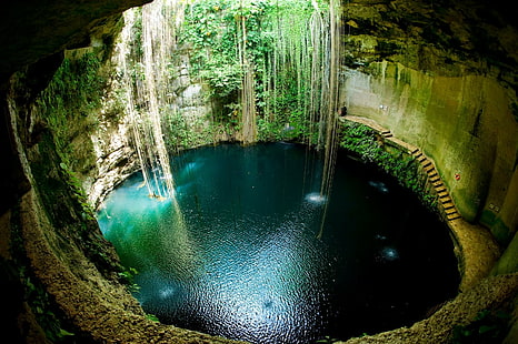 nature, water, sinkholes, scuba diving, lianas, landscape, cave, Mexico, cenotes, pit, circle, HD wallpaper HD wallpaper