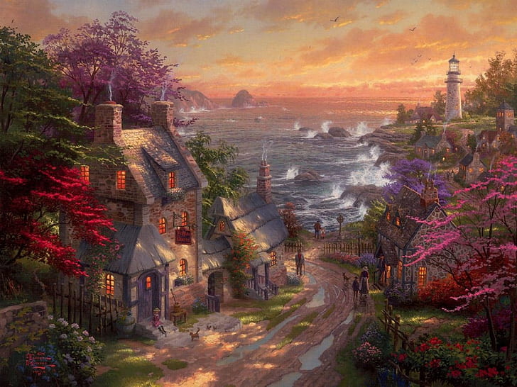 art coast Village-Lighthouse Abstract Fantasy HD Art , art, Flowers, house, lighthouse, Dream, coast, HD wallpaper