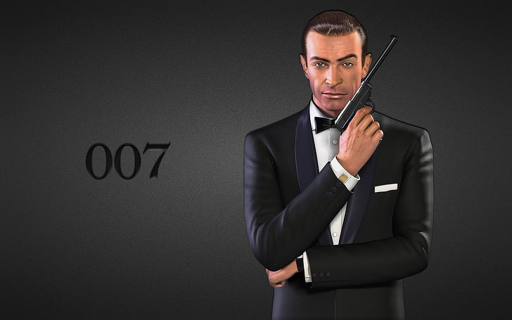 Illustration de James Bond, arme à feu, inscription, fond noir, James Bond, Sean Connery, 007, agent 007, costume noir, Fond d'écran HD