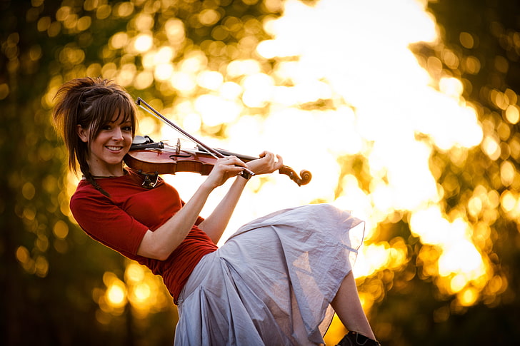 women's red crew-neck elbow-sleeved shirt and gray skirt, violin, beauty, Lindsey Stirling, HD wallpaper