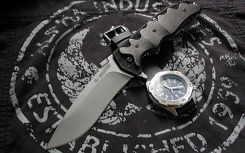 cuchillo plegable plateado y negro, reloj, cuchillo, tela, cuchillos y reloj de pulsera, Fondo de pantalla HD HD wallpaper