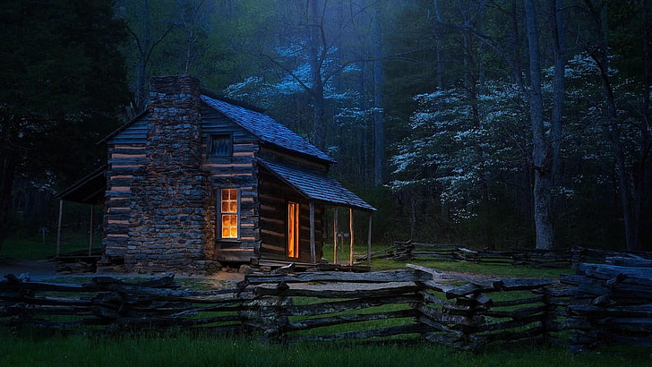 hut, tennessee, smokies, national park, great smoky mountains national park, cades cove, log cabin, woodland, tree, twilight, forest, house, wilderness, home, cottage, fence, nature, HD wallpaper