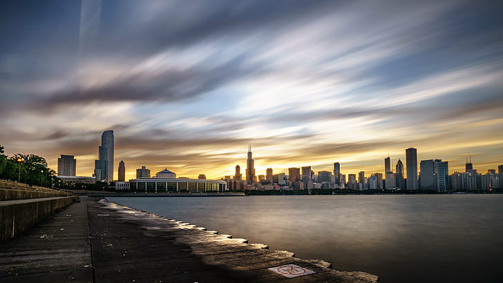 photography of city during sunset, chicago, chicago, Chicago skyline, sunset, United States, Travel photography, city, a7, architecture, buildings, chicago, clouds, full frame, geotagged, landscape, light, long exposure, motion, photo, photography, sea, sky, sony a7, fe, sun, travel, ultra, urban, Illinois, US, urban Skyline, cityscape, skyscraper, downtown District, urban Scene, famous Place, business, tower, dusk, uSA, modern, HD wallpaper