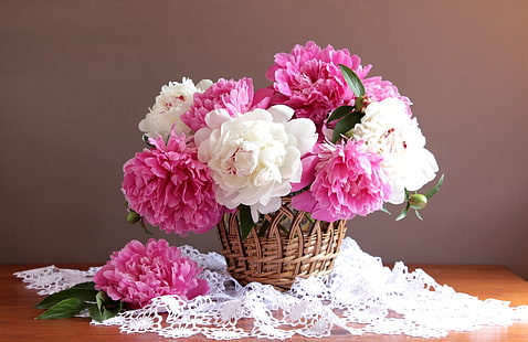 white and pink peony flower arrangement, basket, colorful, peonies, HD wallpaper HD wallpaper