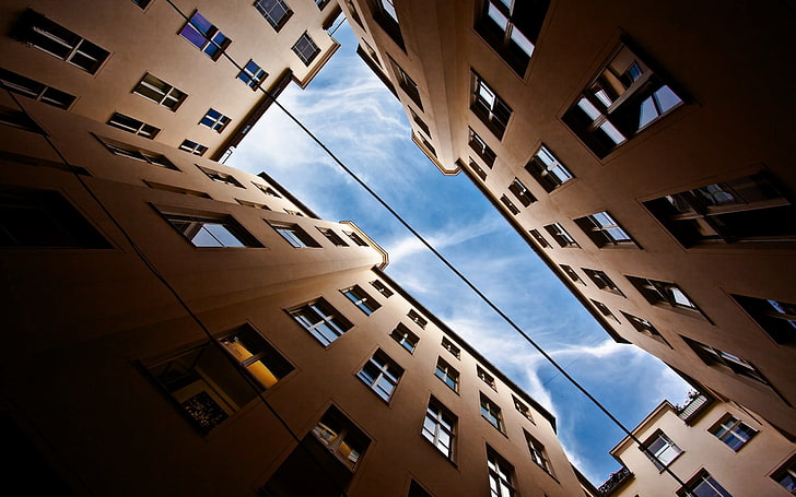 marrom concreto prédios, edifícios, céu, cima, arranha-céus, HD papel de parede