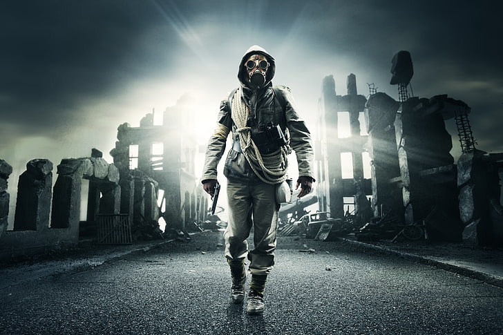 man with gas mask game wallpaper, road, the sky, gun, smoke, hood, gas mask, Stalker, ruins, rope, HD wallpaper