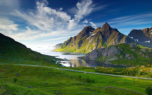 วอลล์เปเปอร์เดสก์ทอปสีเขียว Hd ภูมิทัศน์ภูเขาทะเลสาบหญ้าท้องฟ้าเมฆ, วอลล์เปเปอร์ HD HD wallpaper