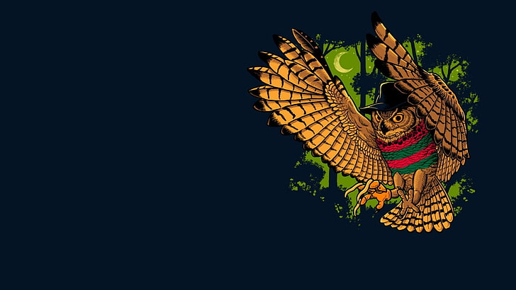 илюстрация на кафява сова, бухал, птица, Фреди Крюгер, минимализъм, HD тапет