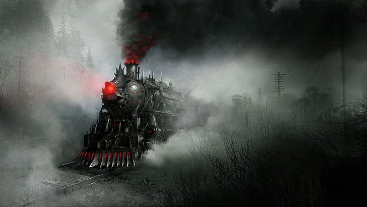 schwarze und rote Zugillustration, Grafik, Fantasiekunst, Konzeptkunst, Rauch, Dämon, Zug, steampunk, Dampflokomotive, HD-Hintergrundbild
