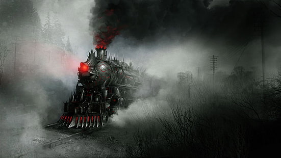 Ilustración de tren negro y rojo, ilustraciones, arte de fantasía, arte conceptual, humo, demonio, tren, steampunk, locomotora de vapor, Fondo de pantalla HD HD wallpaper