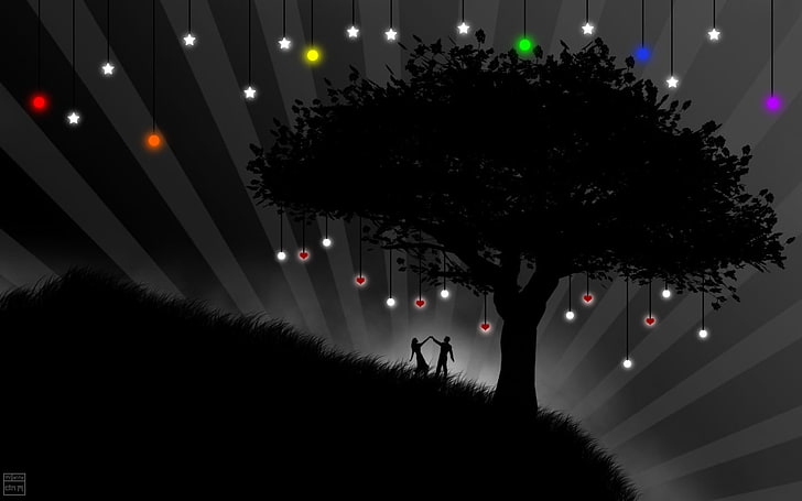 couple dancing under the tree wallpaper, black field, rainbows, vector, trees, love, selective coloring, HD wallpaper