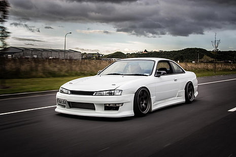 white coupe, car, Nissan 200SX, road, Stance, tuning, lowered, JDM, HD wallpaper HD wallpaper