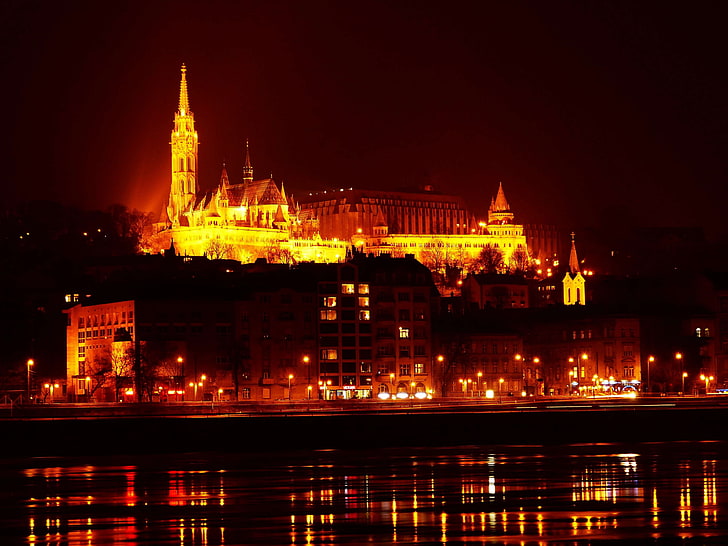 архитектура, Буда, Будапеща, сграда, бастион на рибарите, осветен, забележителност, църква Матиас, нощна снимка, HD тапет