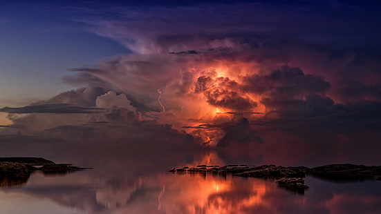 thunderstorm, clouds, ocean, coast, twilight, HD wallpaper HD wallpaper