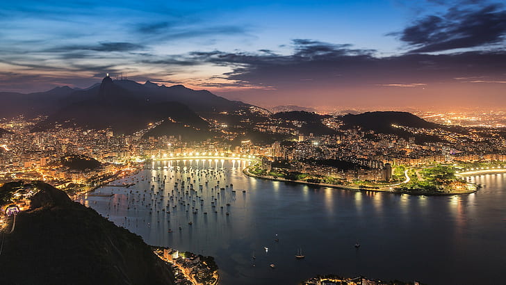 Rio de Janeiro, Guanabara Körfezi, panorama, görünüm, aydınlatma, şehir ışıkları, bulutlar, gökyüzü, Gün Batımı, akşam, bay, Guanabara Körfezi, Rio de Janeiro, Brezilya, HD masaüstü duvar kağıdı