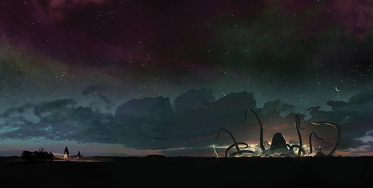 회색 구름 그림 아래 괴물, Cthulhu, H.P. Lovecraft, 삽화, 문어, 판타지 아트, HD 배경 화면