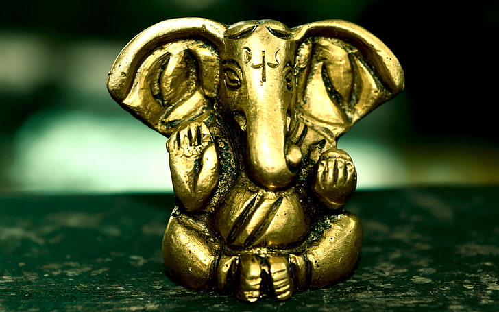 Mosiądz Lord Ganeshji, złota figurka Ganesha, Bóg, Lord Ganesha, Ganeśa, Pan, Tapety HD