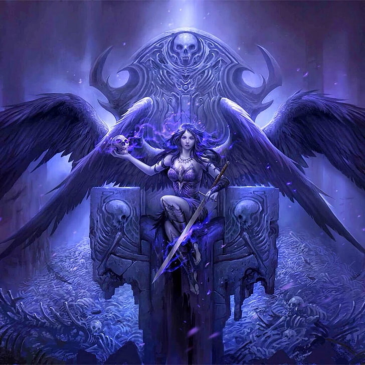 female angel holding sword sitting on chair digital wallpaper, angel, warrior, skull, death, HD wallpaper
