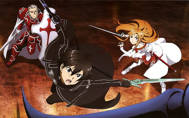 Sword Art Online, Asuna Yuuki, Heathcliff (Sword Art Online), Kirito (Sword Art Online), HD тапет