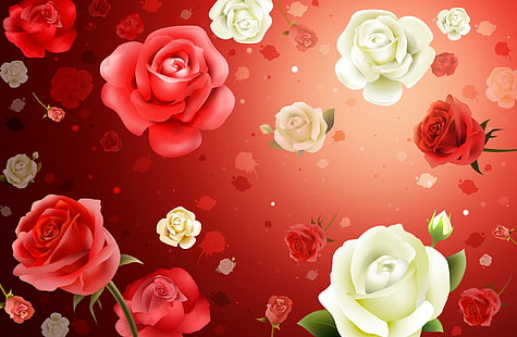 rosas rojas y blancas arte vectorial, flores, rosas, fondo, textura, Fondo de pantalla HD HD wallpaper