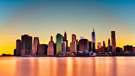 USA, New York City, Meerblick, Wolkenkratzer, Himmel, Abend, HD-Hintergrundbild HD wallpaper