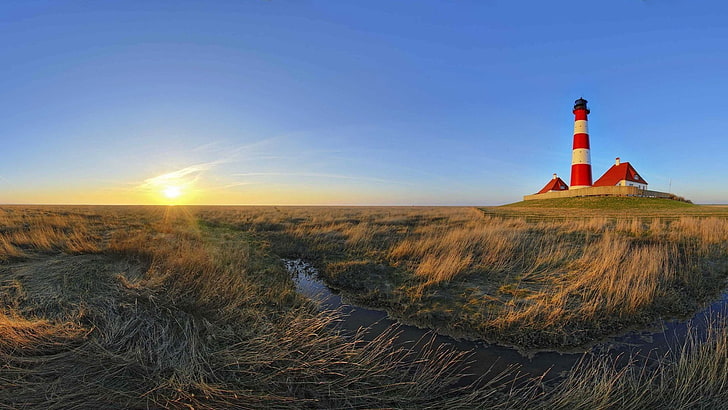 white and red lighthouse, lighthouse, sea, dune, grass, sunset, Schleswig-Holstein, HD wallpaper
