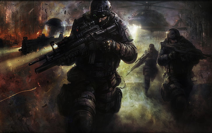 ألعاب الحرب خلفية رقمية ، أسلحة ، هليكوبتر ، جنود ، قوات خاصة ، هبوط، خلفية HD