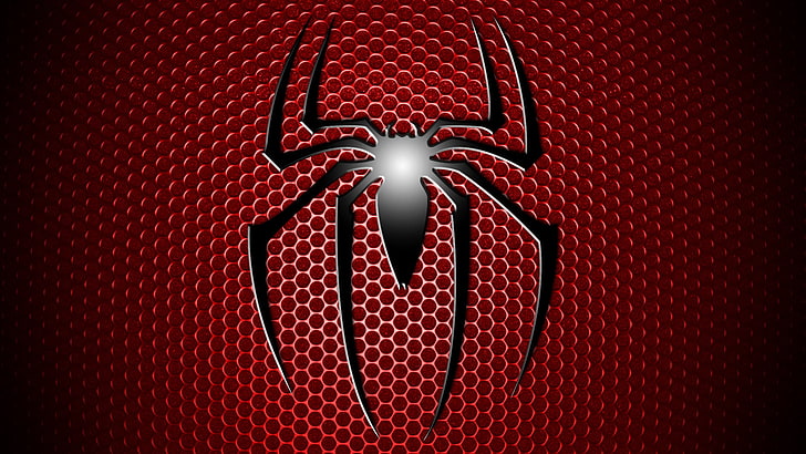 czarne logo Spider-Mana, symbole, Spider-Man, Marvel Comics, czerwone tło, pająk, Tapety HD
