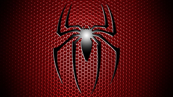 أسود شعار الرجل العنكبوت ، الرموز ، الرجل العنكبوت ، كاريكاتير مارفيل ، خلفية حمراء ، العنكبوت، خلفية HD HD wallpaper