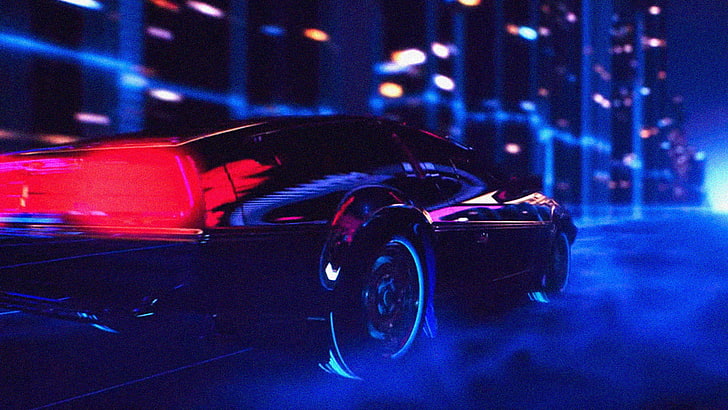 schwarzes Auto Tapete, Retro-Stil, Retrowave, Auto, Gebäude, laut, HD-Hintergrundbild