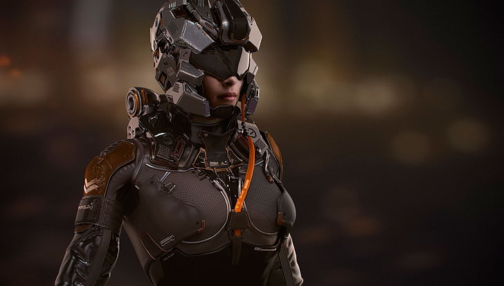fiktionale Figur trägt grauen Anzug digitale Tapete, digitale Kunst, Science-Fiction, Frauen, futuristisch, HD-Hintergrundbild