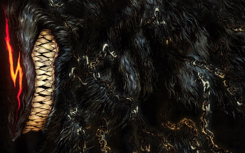 animale con illustrazione dei denti, Berserk, lupo, nero, anime, Kentaro Miura, fantasia oscura, Sfondo HD HD wallpaper