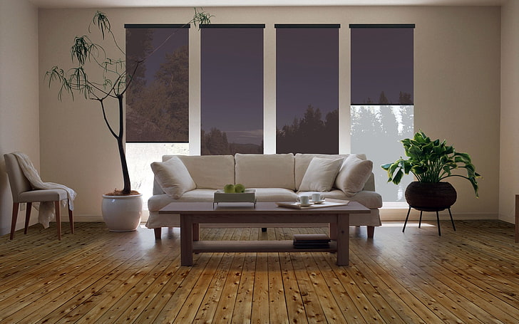 Biała skórzana sofa i prostokątny brązowy drewniany stolik kawowy, salon, sofa, meble, styl, Tapety HD