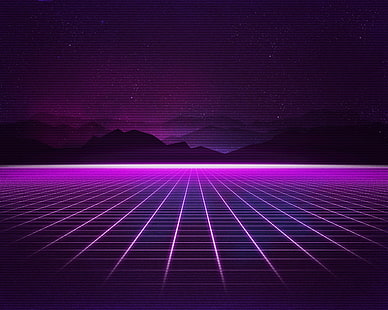 synthwave, Retrowave, retrowave, сетка, фиолетовый, горы, HD обои HD wallpaper