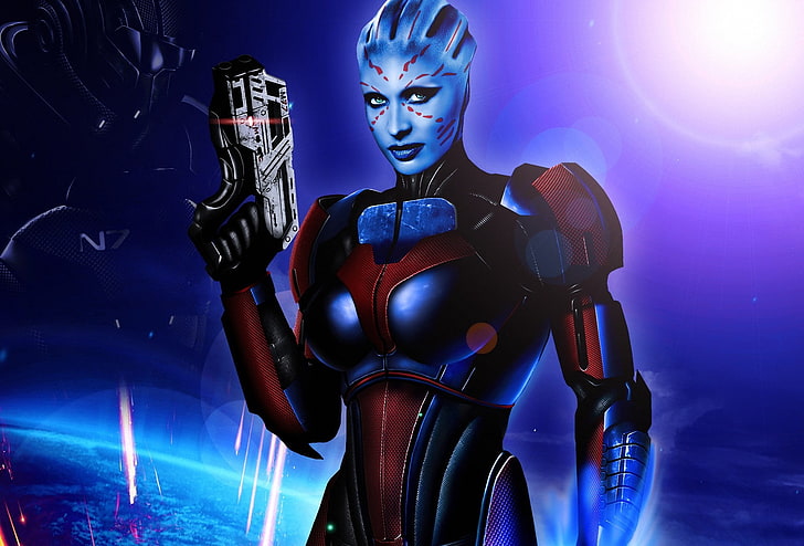 female alien with pistol illustration, girl, weapons, armor, mass effect, fan art, Azari, HD wallpaper